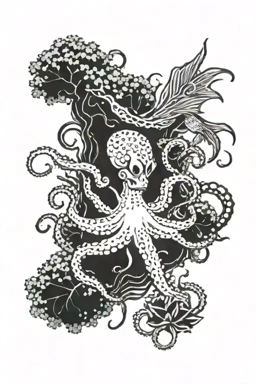 octopus and pike with kale an small fish swarm tattoo design idea