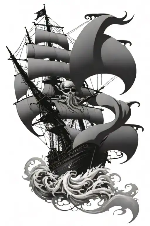 kraken taking down a pirate ship tattoo design idea