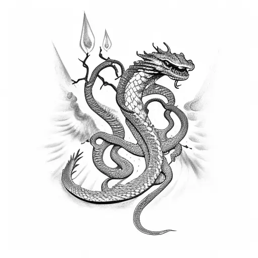 snake, dove and dragon on fire tattoo design idea