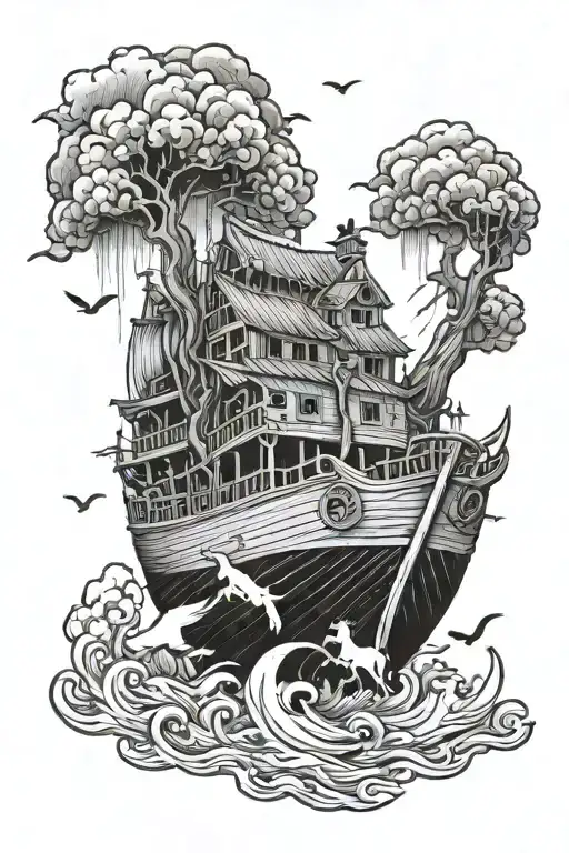 Noah's Ark in a storm tattoo design idea