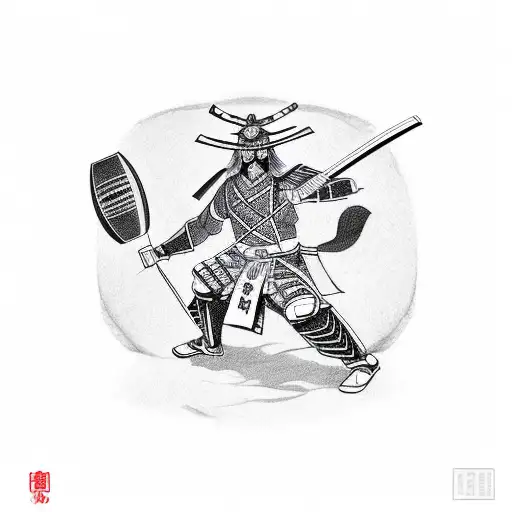 Incorporate a samurai warrior holding a cricket ball in a traditional Japanese tattoo design tattoo design idea
