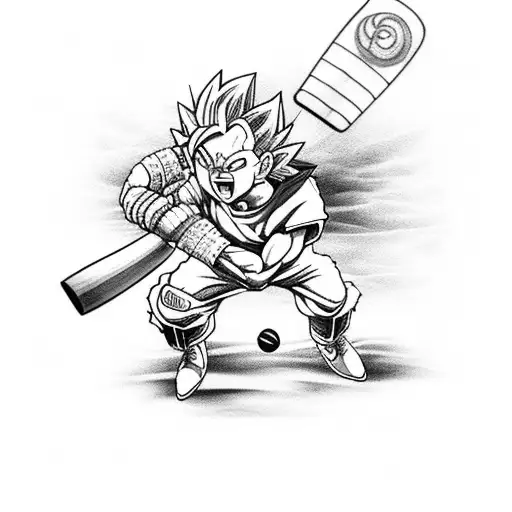 Design a tattoo of a dragon ball z character playing cricket on a beach tattoo design idea