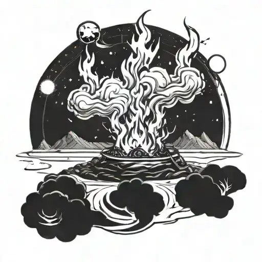A mystical bonfire burning brightly on a distant planet, symbolizing trust and adventure in the unknown tattoo design idea