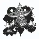 A mystical bonfire burning brightly on a distant planet, symbolizing trust and adventure in the unknown tattoo design idea