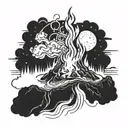 A mystical bonfire burning brightly on a distant planet, symbolizing trust and adventure in the unknown tattoo design idea