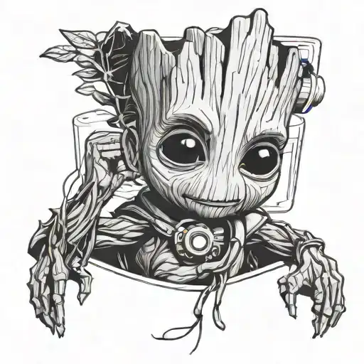 baby groot holding a cosset tape  tattoo design idea
