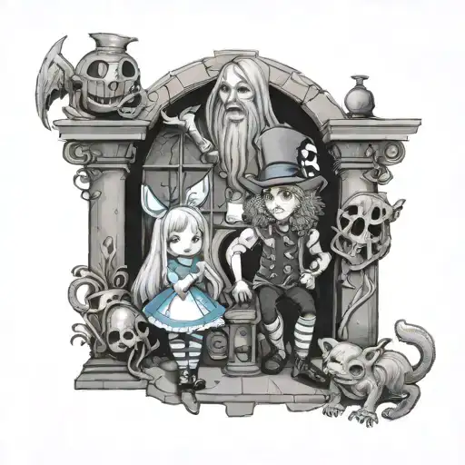 Alice in Wonderland characters in a crypt with a berserk twist tattoo design idea