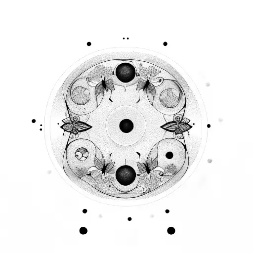  linear moon phases with flower background and butterflies  tattoo design idea