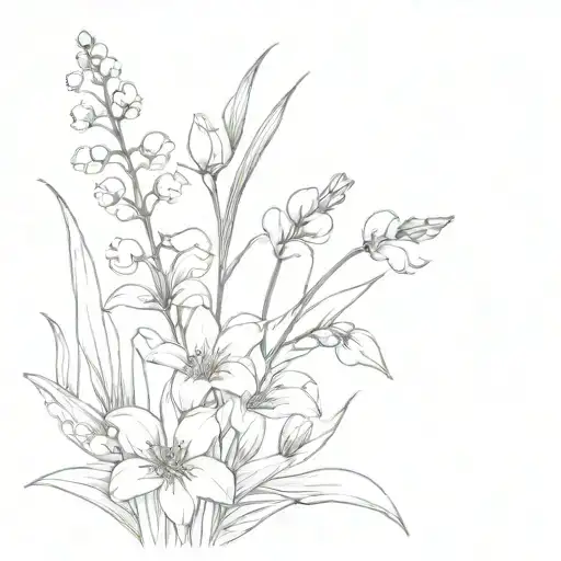fine line bouquet of lily of the valley, cosmos, asters and gladiolus tattoo design idea