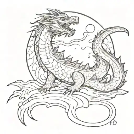 japanese water dragon jumping out of the water at night beneath the full moon  tattoo design idea