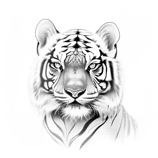 Fierce asian style realistic crouching tiger descending looking to the left for left inner bicep tattoo design idea