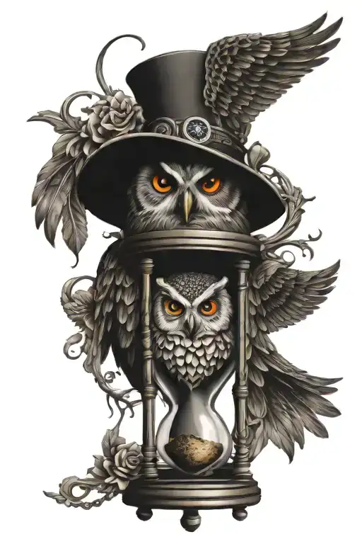 owl, hourglass, compass, surrounded, gothic style  tattoo design idea