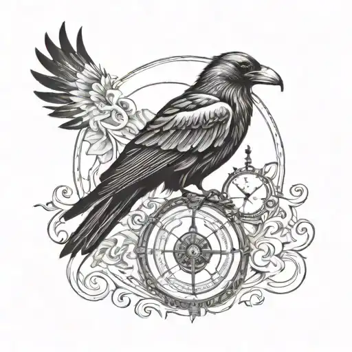 Crow, hourglass, compass, surrounded, gothic style half sleeve tattoo design idea