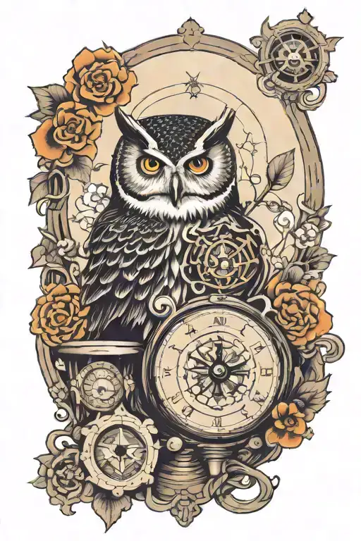 owl, hourglass, compass, surrounded, gothic style  tattoo design idea