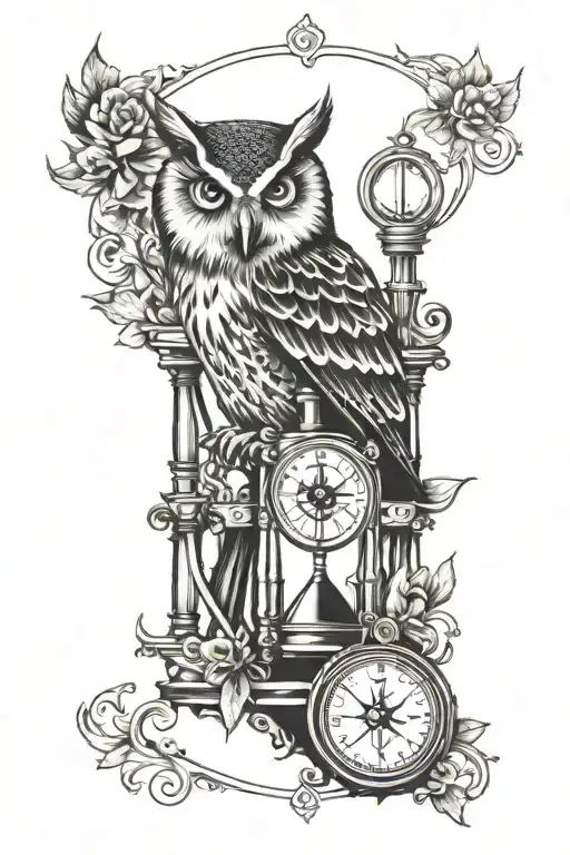 owl, hourglass, compass, surrounded, gothic style  tattoo design idea