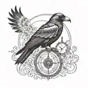 Crow, hourglass, compass, surrounded, gothic style half sleeve tattoo design idea