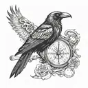 Crow, hourglass, compass, surrounded, gothic style half sleeve tattoo design idea