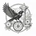 Crow, hourglass, compass, surrounded, gothic style half sleeve tattoo design idea
