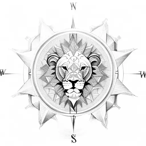 Compass Lion Ship tattoo design idea