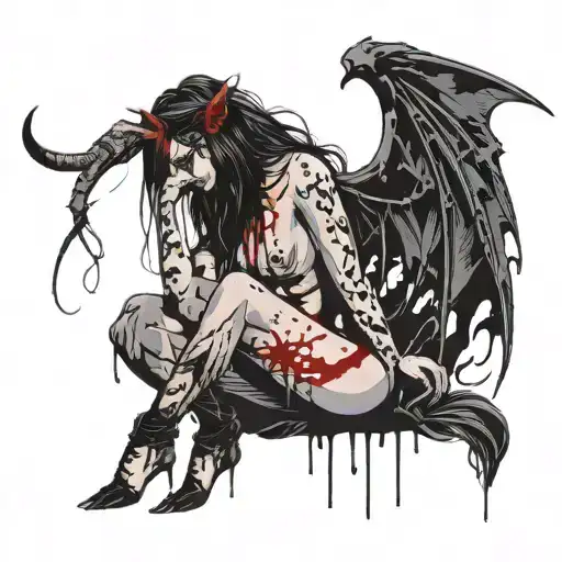 Sexy Nude Black silhouette Woman With Horns, torn demonic wings, extremely long nails, and dripping in blood. Satanic tattoo design idea