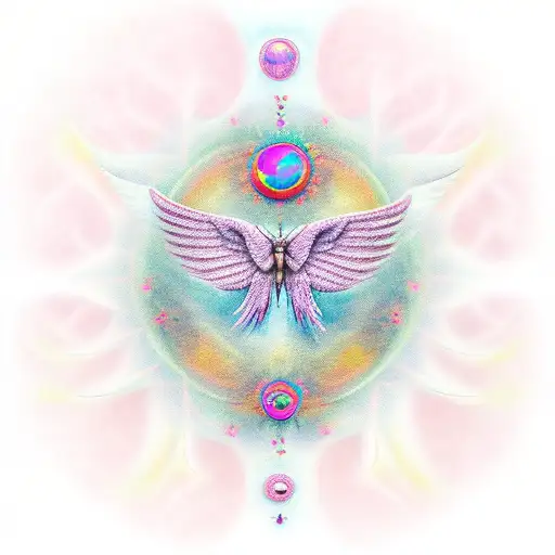 Angel wings, rose, butterfly, moon, sun, opal tattoo design idea
