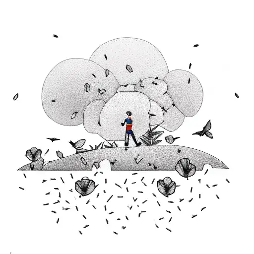 A minimalist sketch of a hiker standing on a mountaintop, surrounded by doves and poppy flowers tattoo design idea