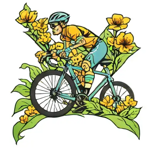A tattoo of a cyclist racing through the streets of Pereira, Colombia, with a backdrop of vibrant Colombian flower fields tattoo design idea