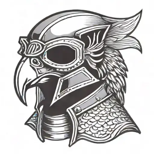 peregrine falcon wearing a medieval knights helmet tattoo design idea