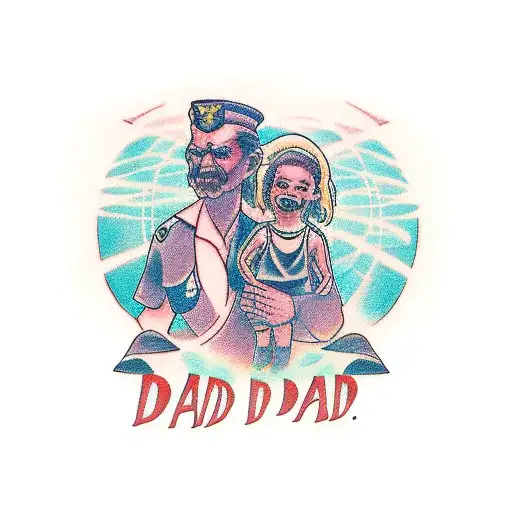 A dad with two daughters exploring a historical alien civilization tattoo design idea