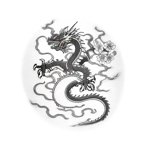 forearm tatto of a ryu dragon surround by cherry blossoms black and white tattoo design idea