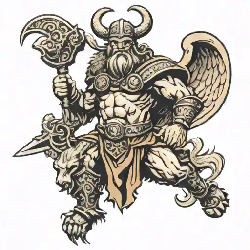 Angelic viking, flying above making sure demons are kept away, with mythical aries ram  tattoo design idea