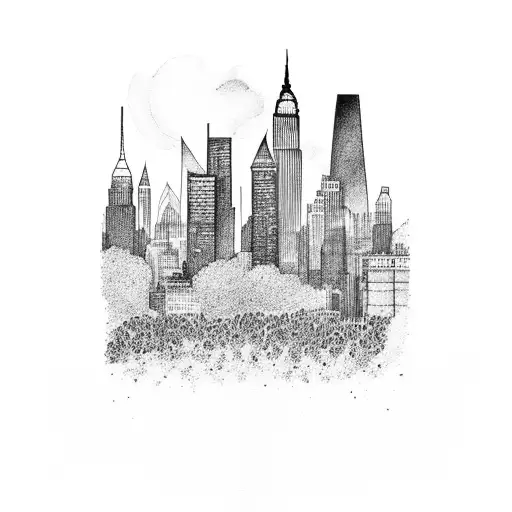 New York City skyline blending into Catskill mountains tattoo design idea