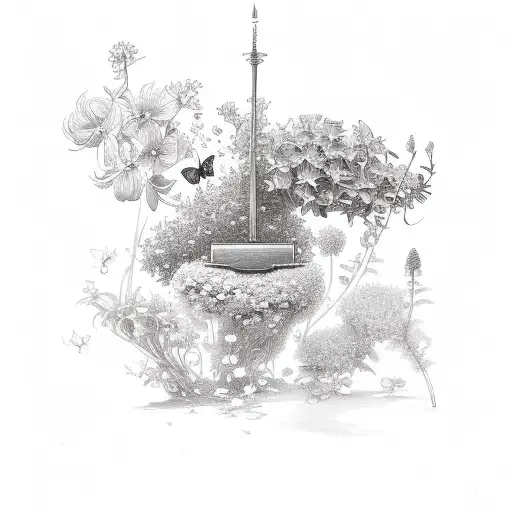 A divine garden filled with blooming flowers, butterflies, and musical notes tattoo design idea