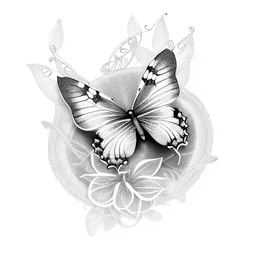 A serene scene of a butterfly perched on a delicate flower, with musical notes and a divine aura tattoo design idea