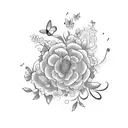 A divine garden filled with blooming flowers, butterflies, and musical notes tattoo design idea
