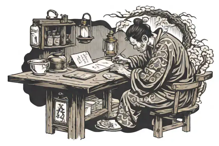 stoic faceless man writing a mail on table with candle near him almost done tattoo design idea