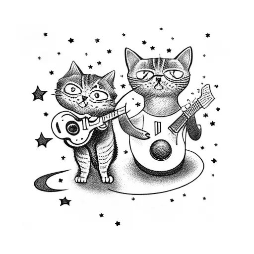 A cat and dog playing rock and roll instruments under a starry sky tattoo design idea