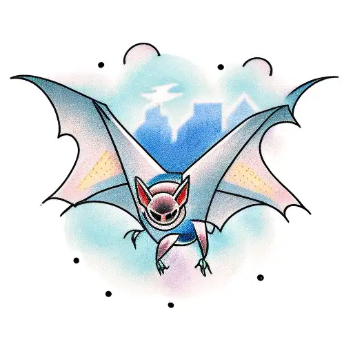 A bat flying over a cityscape made of programming code tattoo design idea