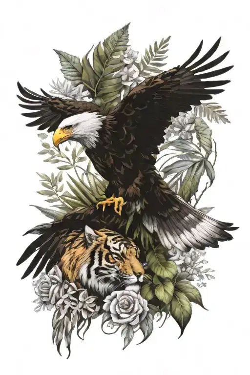 eagle and tiger with plant amendments tattoo design idea