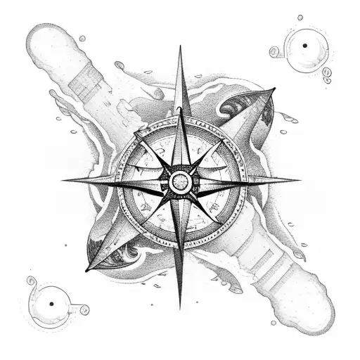 a ship alone in a ocean in a storm and rainy weather tackling the tides  below that a compass on a map and an egal flyin tattoo design idea