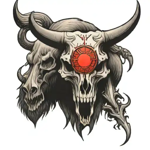 bear and bull skull in front of a red sun tattoo design idea