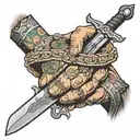 Broadsword being grabbed by hands holding tattoo design idea