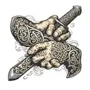 Broadsword being grabbed by hands holding tattoo design idea