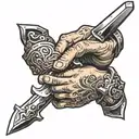 Broadsword being grabbed by hands holding tattoo design idea
