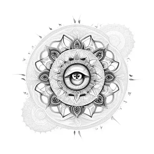 An intricate mandala design incorporating elements of nature and the sun, representing the interconnectedness of all living things tattoo design idea