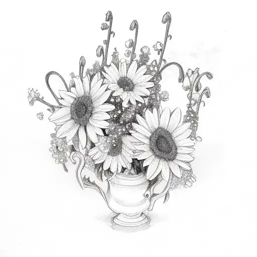 bouquet of flowers with roses, daisys, and lily of the valley flowers tattoo design idea