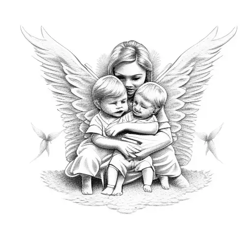 2 little boys and grandma as an angel tattoo design idea