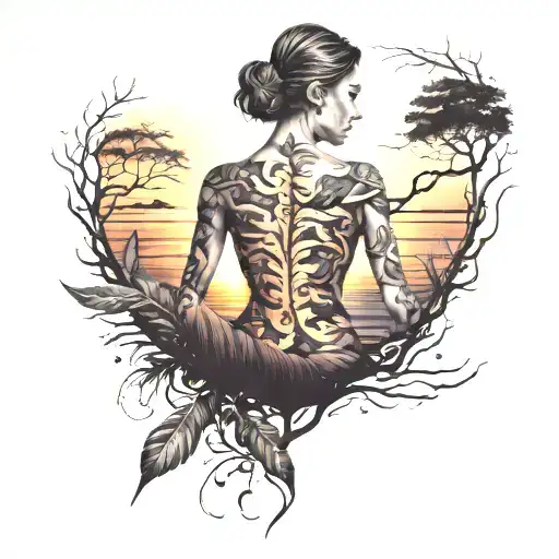 girl body leaves sunset tattoo design idea