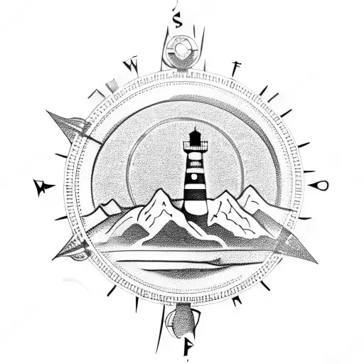 compass with mountains and lighthouse tattoo design idea