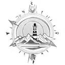 compass with mountains and lighthouse tattoo design idea